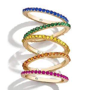 แหวนประดับพลอยเทียมหลากสีสำหรับสตรี,แหวนซ้อนกันได้แหวนเพชรสวิสทรงกลมสีรุ้งสไตล์โบฮีเมียนสำหรับผู้หญิง