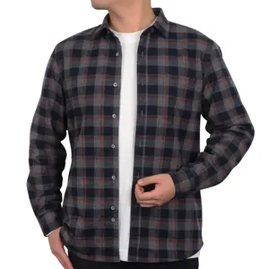 OEM&ODM Custom checker new design men's plaid shirt Custom Long Sleeve 100% Cotton with leather Flannel Shirt for winter