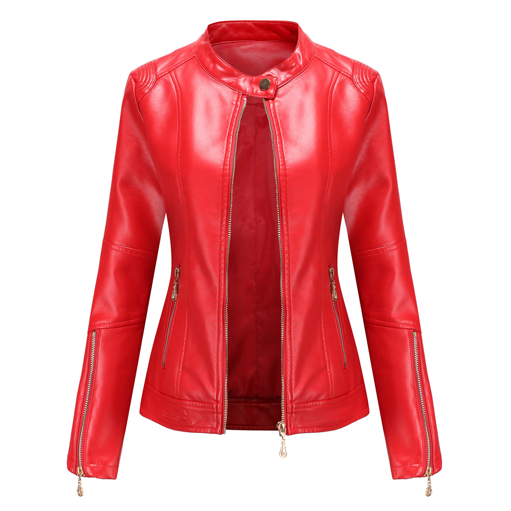 Chaqueta ajustada de cuero de imitación para mujer cuello levantado Chaqueta ajustada de cuero de imitación para mujer cuello levantado
