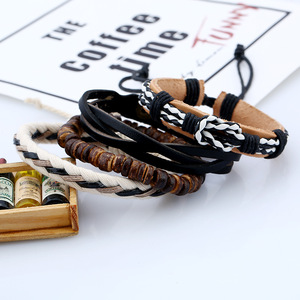 4Pcs/Set Vintage Boho Punk Leather Wrap Black White Leather <strong>Knot</strong> Charm Coconut Bead Multi Women Men Layers Bracelet <strong>Bangle</strong> - Product Image 6