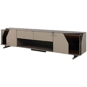 Armario de <span class=keywords><strong>TV</strong></span> minimalista italiano de <span class=keywords><strong>primera</strong></span> capa de cuero de vaca, mueble de vidrio de nogal Beige, Audio visual, bajo para sala de estar - Product Image 5