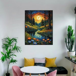 Songwoo <strong>Shiny</strong> Round Drills DIY Handprinted Canvas Colorful Wildflower Forest Creek Swirl Sunset <strong>Diamond</strong> <strong>Painting</strong> - Product Image 3