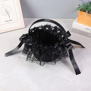Black Satin Lace Pearl and Bowknot Handheld Flower <b>Basket</b> Elegant Vintage and Mystical-Style Wedding Decor - Product Image 3