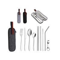 Ensemble de couverts de camping en acier inoxydable, couteaux, fourchettes, pailles, cuillères, baguettes portables, ensemble de couverts de voyage avec étui, cadeau