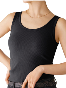 Débardeur côtelé noir pour femme avec logo personnalisé, col rond, bretelles larges, coupe ajustée, sans manches, basique, pour l'été - Product Image 1