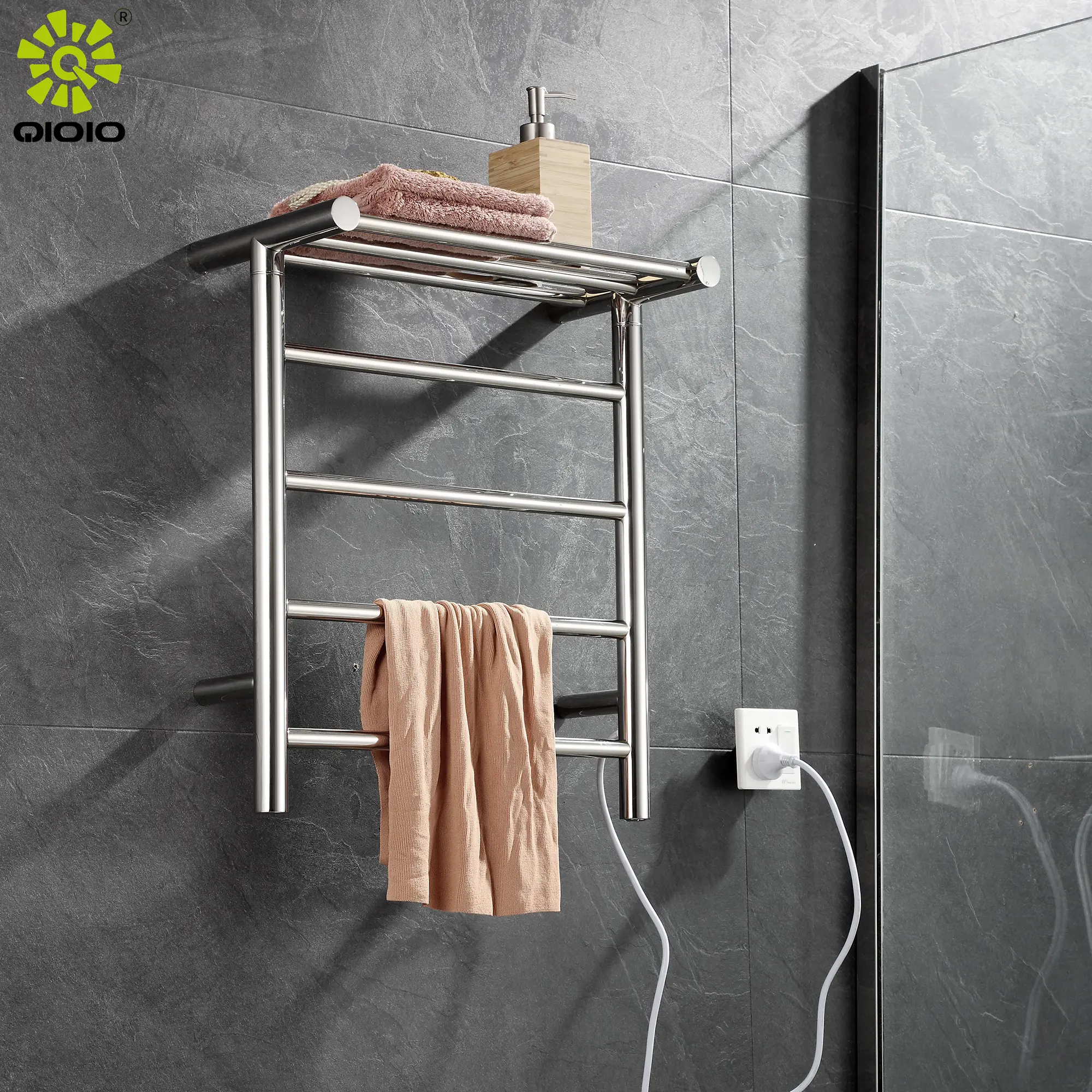 Qioio amazon square stainless steel drying towel rack intelligent thermostatic heated towel bars bathroom smart towel poles