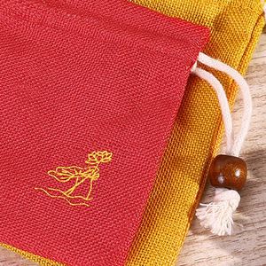 Sac en lin en gros avec cordon de serrage en perles de bois, motif feuille de lotus imprimé 8x10cm, emballage coloré pour bijoux et bonbons, idéal pour cadeaux - Product Image 5