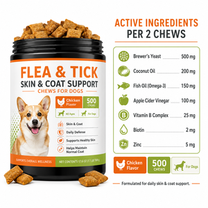 Suplemento <span class=keywords><strong>Antipulgas</strong></span> para <span class=keywords><strong>Perros</strong></span>, 500 Masticables, Apoyo para la Piel y el Pelaje, Masticables Suaves, Venta al por Mayor, Bienestar Diario para Mascotas, Sabor a Pollo - Product Image 6