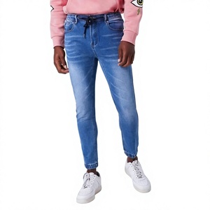 Jean en denim délavé taille haute coupe slim pour homme, pantalon décontracté en coton à jambe droite, style automne, couleur bleue - Product Image 1