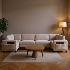 Modern Beige Corduroy Fabric L Shape Sectional <b>Sofa</b> With Side Pockets Storage Living Room Furniture Solid Wood <b>Legs</b> - Product Image 2