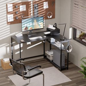 Bureau d'ordinateur en forme de L SENYU, surface métallique, rangement, bureau d'angle noir avec plateau pour clavier et gestion des câbles - Product Image 5