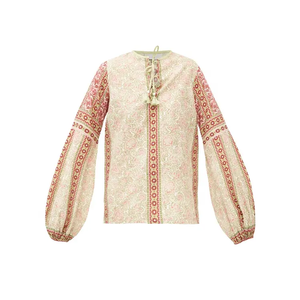 Blusa de manga larga de globo de estilo bohemio para mujer, Top informal de algodón con cordones delanteros y cuello redondo, diseño de estampado de verano tejido - Product Image 3