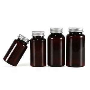 Custom Logo PET Round <b>Bottle</b> 120ml 250ml Transparent Brown with Gold Stamping Aluminum Lids for Magnesium <b>Pills</b> - Product Image 1