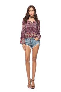 Ethnic Women Front Cross Vintage Floral Print Long Sleeves Casual Loose <strong>Boho</strong> Bohemian Cotton and Linen <strong>Shirt</strong> - Product Image 5