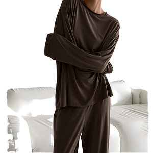 Women 2025 Autumn Winter Elastic Waist Elegant <b>Brown</b> Pajama Set O-Neck Full <b>Sleeves</b> <b>Top</b> Pants Casual Modal Sleepwear 2-Piece - Product Image 1