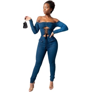 Combinaison en jean moulante décontractée à épaules dénudées et découpes, extensible, pour femme - Nouvelle collection - Product Image 1