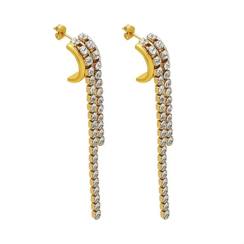 C shaped Zircon Tassel Long Earrings Women Korean Style Vintage Jewellery 18K Gold Plated Stainless Steel Jewellery