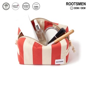 Mini Striped Makeup Bag Red Cream Stripe Cotton Canvas 17cm <b>Small</b> Boxy Cosmetic Pouch Gold Zip Custom Logo OEM Gift - Product Image 1