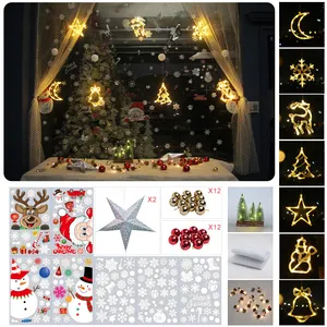ライトペンダント付きクリスマスウィンドウデコレーションセット、装飾カーテンウィンドウステッカー、スノーフレーク、ハンギングクリスマスオーナメント