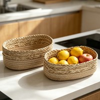 Panier de rangement ovale en paille tressée à la main, plateau organisateur en rotin et corde de coton pour la maison, la salle de bain, les cosmétiques et les articles divers
