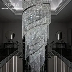 Custom Round Ceiling Light Chrome Hanging Light Crystal Tassel Spiral Light Hotel Lobby Luxury Led Chandelier