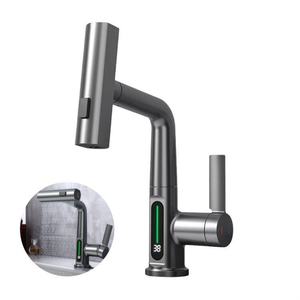 Robinet de lavabo moderne à un trou avec affichage de la température LED, cascade, montage sur pont, rotatif, pulvérisateur extractible, céramique - Product Image 1