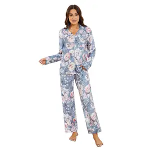 MQF2119 Ladies Soft Elastane Floral Print Long Sleeve And Pants Pajama With Plaket With Button Top And Pockets And Drawcord Pan
