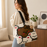 Sac fourre-tout en toile de coton de grande capacité, portable avec fermeture à glissière ouverte, motif personnalisable, couleur unie, logo mignon inclus