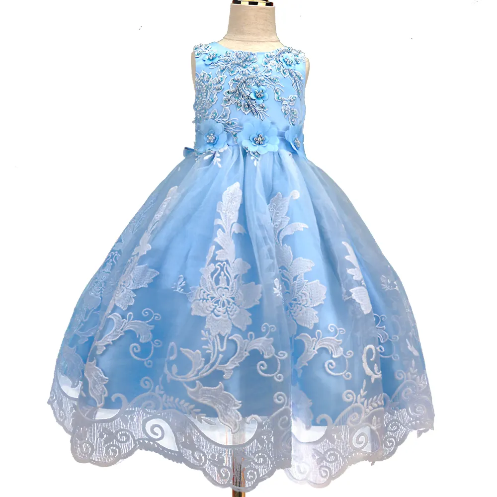 Vestido de noiva estilo europeu para meninas, vestido longo sem mangas com elegância azul para festas de aniversário, vestido longo para meninas de 12 anos