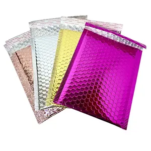 Bolsa de envío holográfica, sobre acolchado metálico ecológico, con estampado personalizado, color rosa, morado y negro