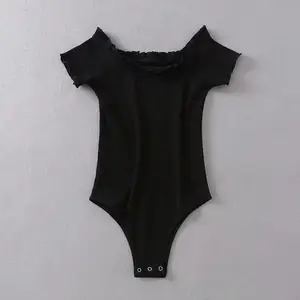 Dropshipping dengan Harga Murah Katun Rib Lengan Pendek Bahu Hitam Lateks Bodysuit Grosir