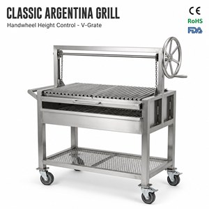 <span class=keywords><strong>Barbecue</strong></span> au charbon de bois en acier inoxydable de style argentin <span class=keywords><strong>avec</strong></span> grille en V réglable 800x450 mm, commande de hauteur par volant, taille personnalisée OEM - Product Image 1