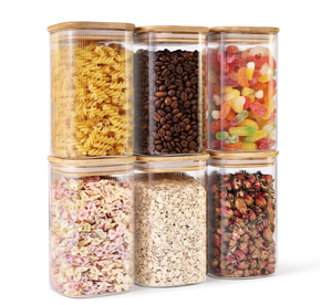 SINCERE 2025, tarros de almacenamiento de alimentos de vidrio cuadrados personalizados, tapas de bambú, superventas, organizador de cocina, contenedores de almacenamiento para cubierta de uso - Product Image 1