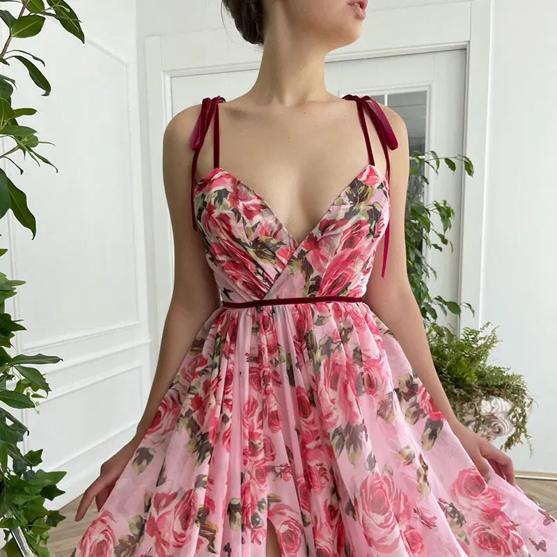 New summer flower dress with vintage floral pattern suspender chiffon dress