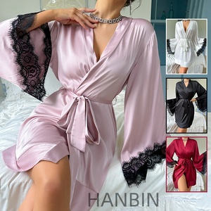 Set <span class=keywords><strong>Camicia</strong></span> <span class=keywords><strong>da</strong></span> <span class=keywords><strong>Notte</strong></span> e Vestaglia <span class=keywords><strong>da</strong></span> <span class=keywords><strong>Donna</strong></span> Personalizzabile con Logo, in Raso a Maniche Lunghe, Scollo a V, Asciugatura Rapida, Vita Elastica, per Casa e <span class=keywords><strong>Notte</strong></span> Estiva - Product Image 3