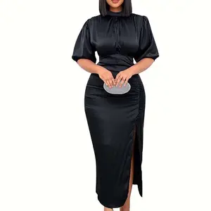 Nieuwe Stijl Hoge Kraag Effen Kleur Drape Hoge Taille Temperament Tunle Jurk Rok Plus Size Vrouwen Zomer Jurken Hot Sale