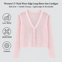 Cardigan en tricot pour femme, col en V, bord ondulé, style jeune, manches longues, protection solaire, couleur unie, boutons sur le devant, idéal pour l'été (OEM/ODM)