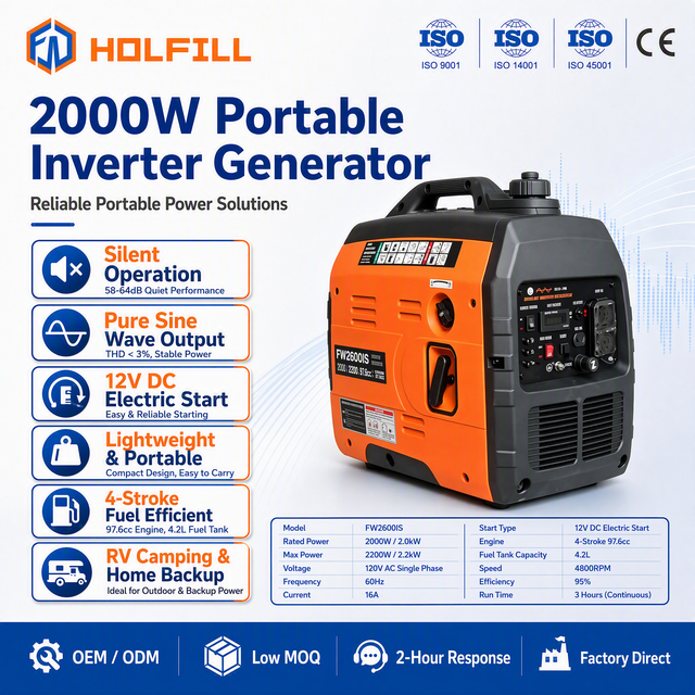 Silent HOLFILL FW2600IS 97.6cc 4-Stroke Portable Inverter Generator 2000W 120V 60Hz Electric Start for RV Camping Use