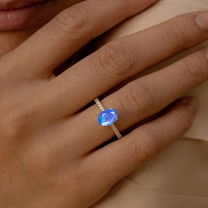 Blue Fire Opal <b>Ring</b> 925 Sterling <b>Silver</b>, Natural Opal Engagement <b>Ring</b>, Dainty Diamond <b>Band</b>, October Birthstone Gift for Her - Product Image 5