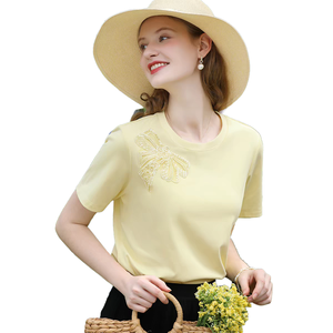 Camiseta de Manga Corta con Cuello Redondo Amarillo para Mujer, con Lazo Bordado, Estilo Dulce, Primavera Verano, Top de Punto de Algodón - Product Image 1