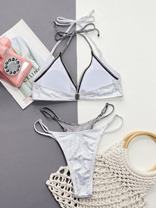 Maillot de bain <span class=keywords><strong>micro</strong></span> <span class=keywords><strong>bikini</strong></span> sexy pour jeunes filles en matière holographique de luxe, 2 pièces patchwork, string, vidéo de jeunes filles sexy SC094 # - Product Image 5
