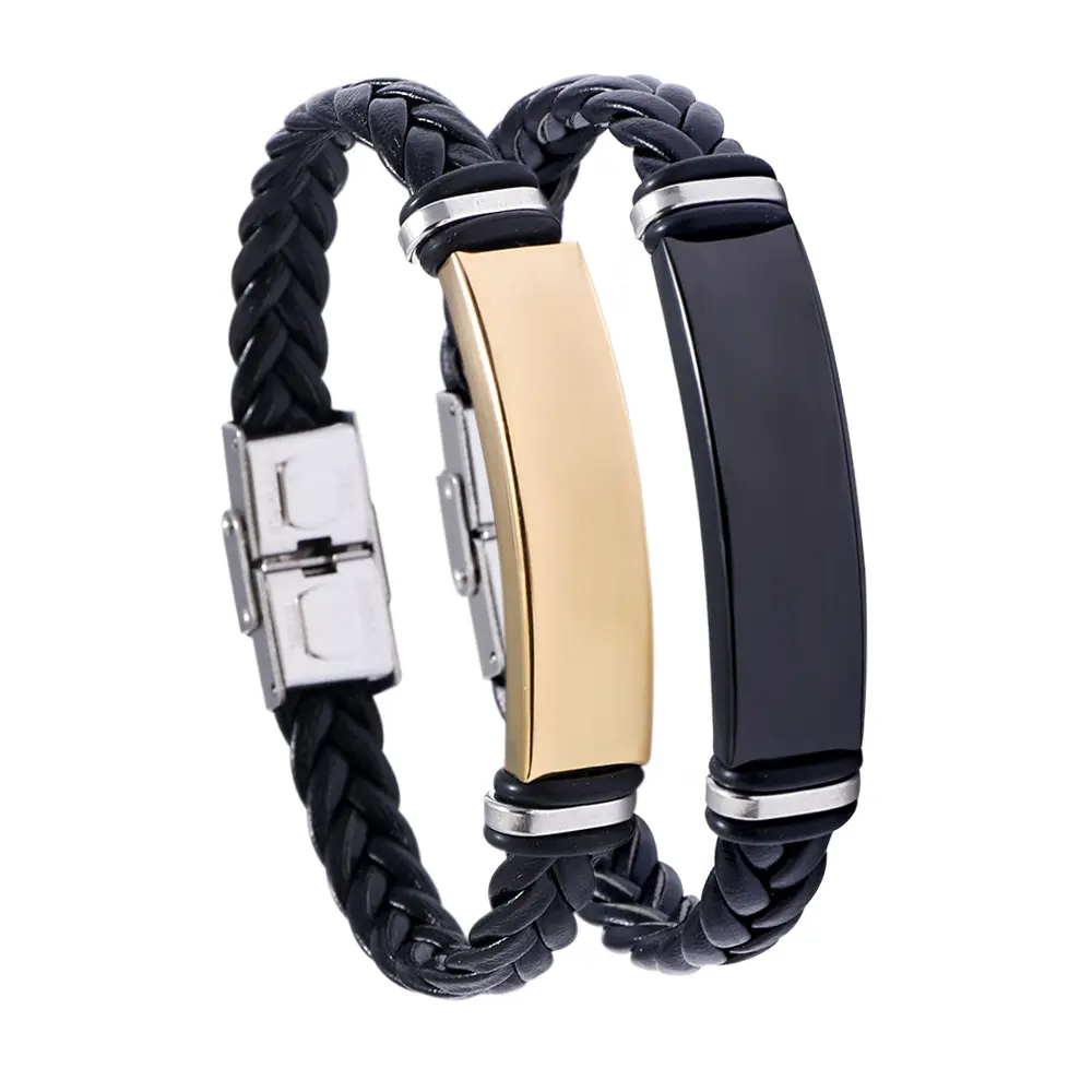 New Gold Unisex Men Bracelet Braid Stainless Steel Black Leather Rope Wrap Slide Wrist Bangle Bracelets In Bulk