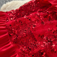Robe en jean élégante pour femme, rouge, à sequins, à volants, à manches longues, à col, longueur cheville, pour les occasions de soirée