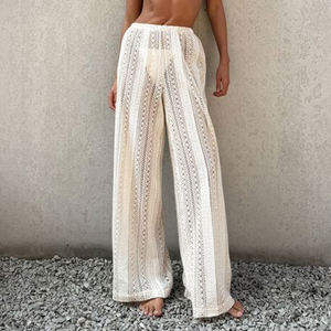Pantalons en crochet pour femmes de style bohème avec motif rayé, pantalon large décontracté confortable pour l'été - Product Image 5
