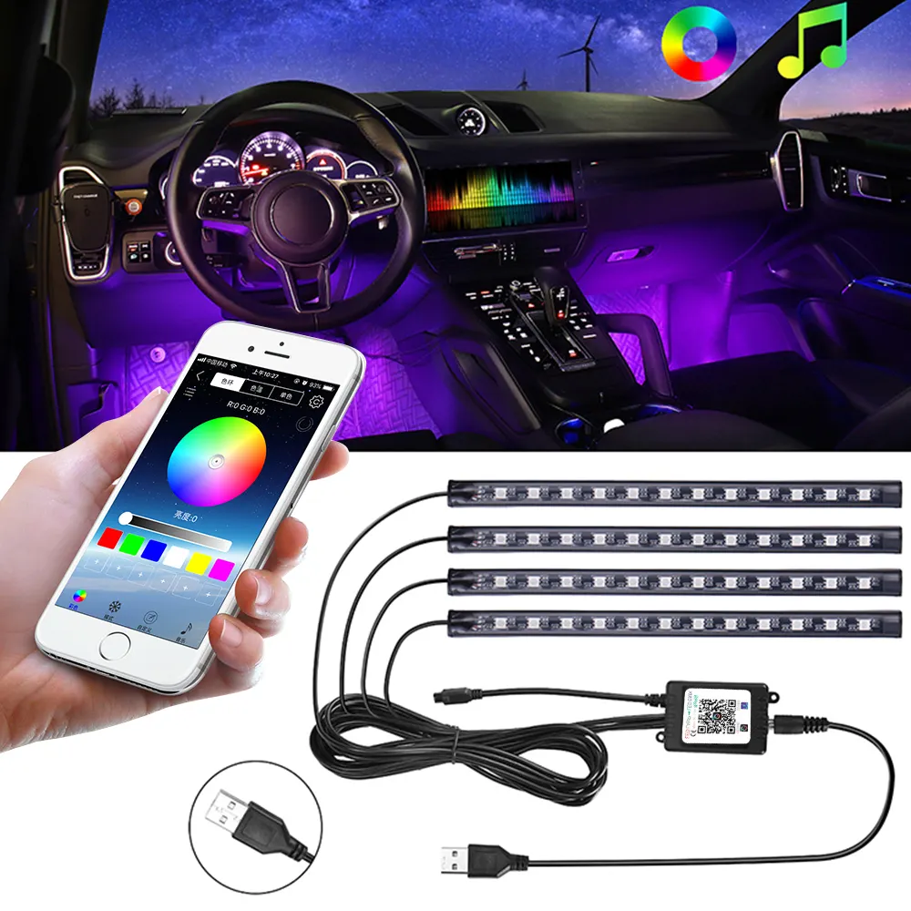 APP 5050 RGB Car LED Strip Lights USB luces led para Auto Atmosphere Decoration Ambient Lamp Accessories LED Car Interior Light
