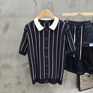 Polo décontracté pour <span class=keywords><strong>homme</strong></span> en polyester à rayures bretonnes bleu roi, t-shirt tricoté - Product Image 1