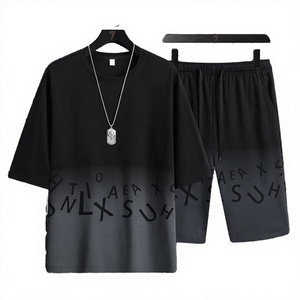 Ensemble décontracté 2 pièces pour homme : T-shirt col en V et short imprimé lettres, noir, respirant, en satin polyester/coton, idéal pour l'été - Product Image 3