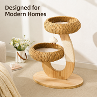 Arbre à chat moderne en rotin avec structure en bois courbée, deux paniers-lits, coussins amovibles et griffoir en sisal, conception personnalisée OEM ODM