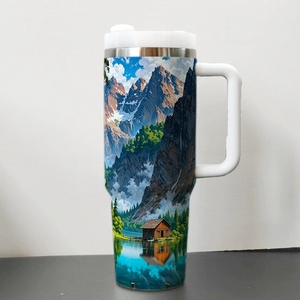 Gobelets isothermes en acier inoxydable de 40 oz, à double paroi, anti-fuite, écologiques, avec couvercle et paille, motif Montagne Rivière Lac, pour voiture - Product Image 6