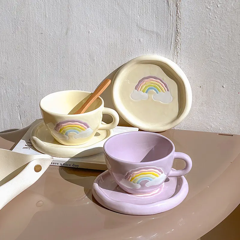 आईएनएस शैली हाथ से पेंट इंद्रधनुष सिरेमिक मग उच्च-मूल्य हाथ चुटकी दोपहर चाय कप और तश्तरी